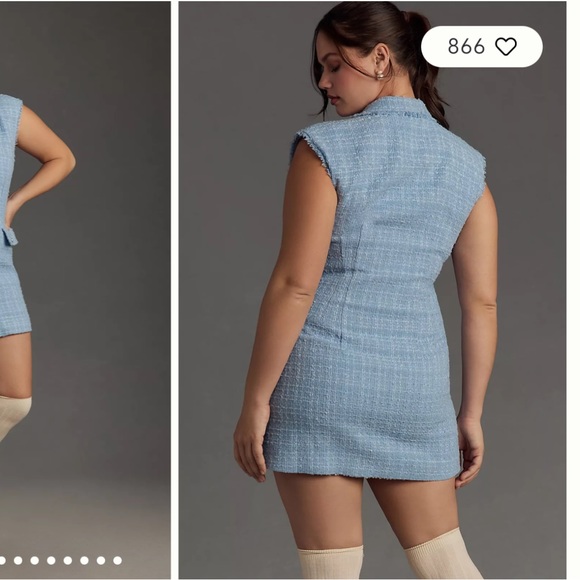 Anthropologie Maeve Sleeveless Tweed Blazer Mini Dress Light Blue NWT Size 8 - Picture 6 of 9